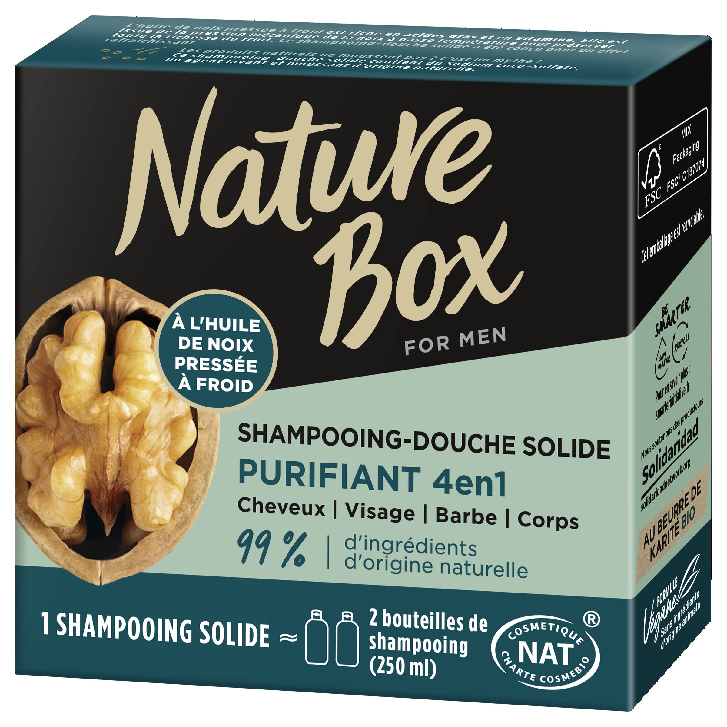 Nature Box – Shampooing Douche Solide Homme à la Noix 85 g